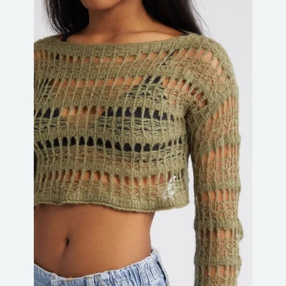 BDG Tops - BDG URBAN OUTFITTERS Ladder Cobweb Crop Sweater, Olive, Grunge, Y2K, Beachy, M